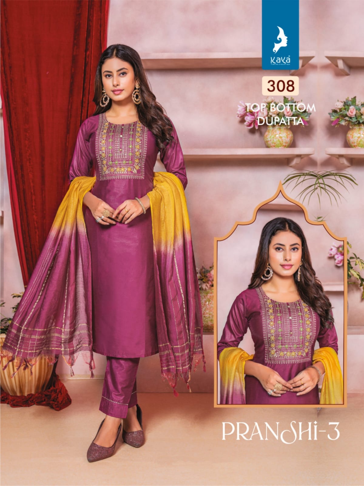 Pranshi 3 By Kaya Chanderi Silk Designer Kurti With Bottom Dupatta Wholesale Online
